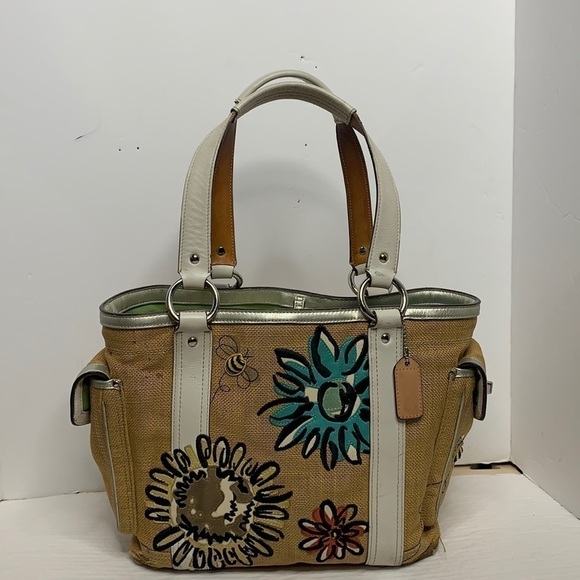 COACH Bees And Flowers Appliqué Burlap And Leather - Picture 1 of 14
